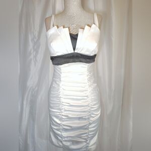 Ruby Rox Vintage Sheath Dress,White/Black Satin, Empire Waist, Straps,Pleats,2-4